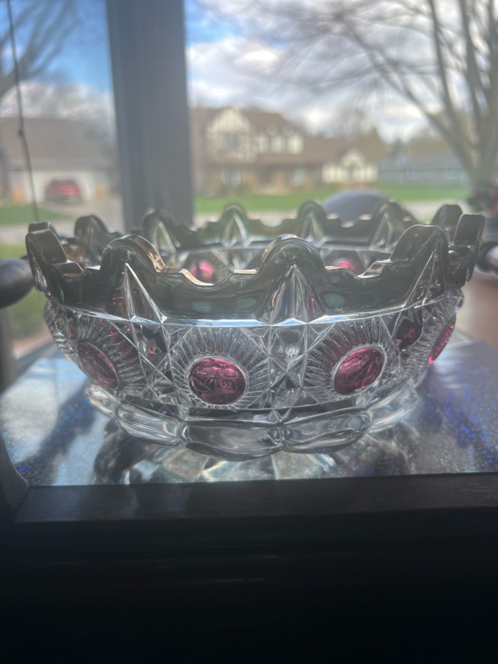 U.S. Glass Co. Antique-Style Pressed Glass Bowl with Pink Medallions